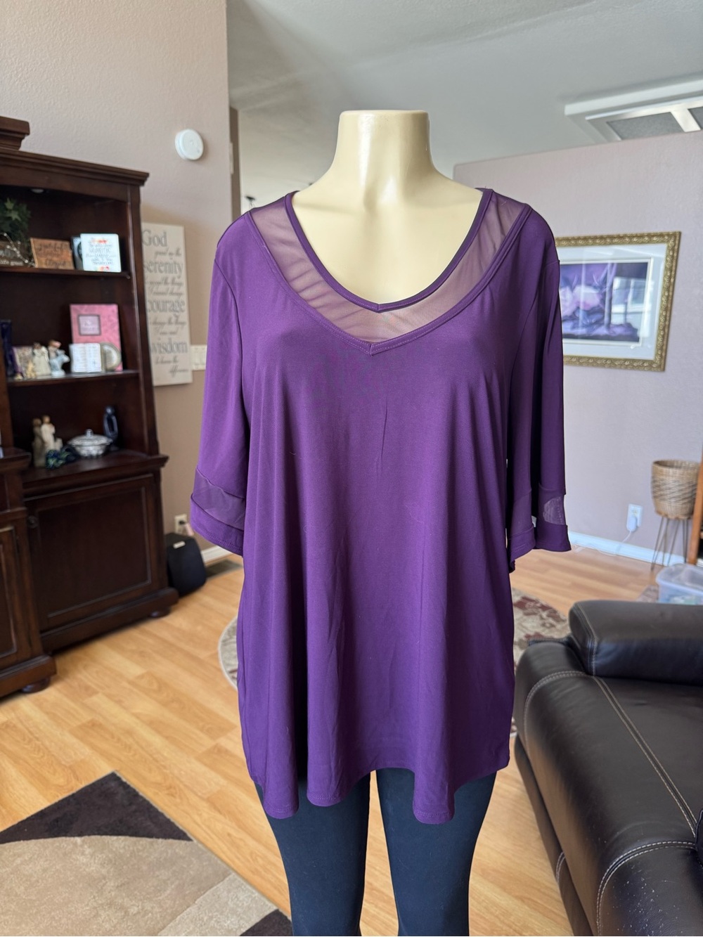 Adele & May purple trim mesh V-neck short sleeve blouse-size 2X